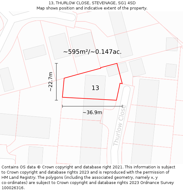 13, THURLOW CLOSE, STEVENAGE, SG1 4SD: Plot and title map