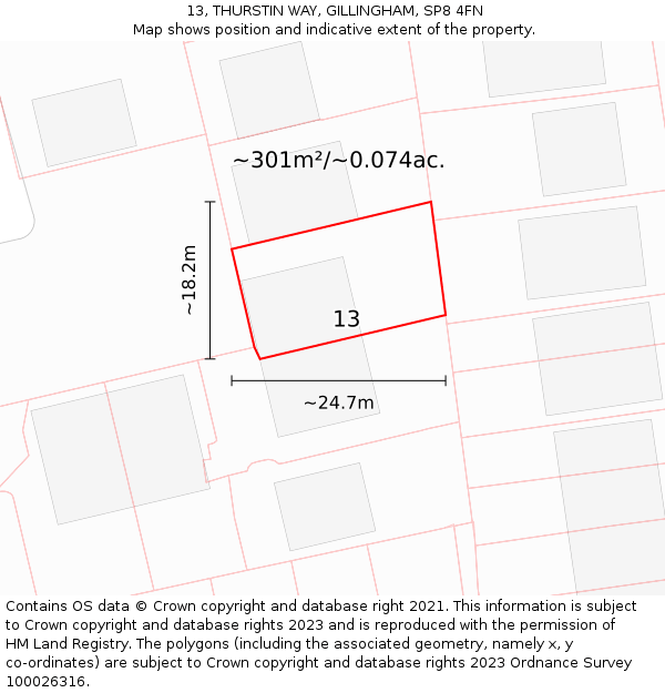 13, THURSTIN WAY, GILLINGHAM, SP8 4FN: Plot and title map