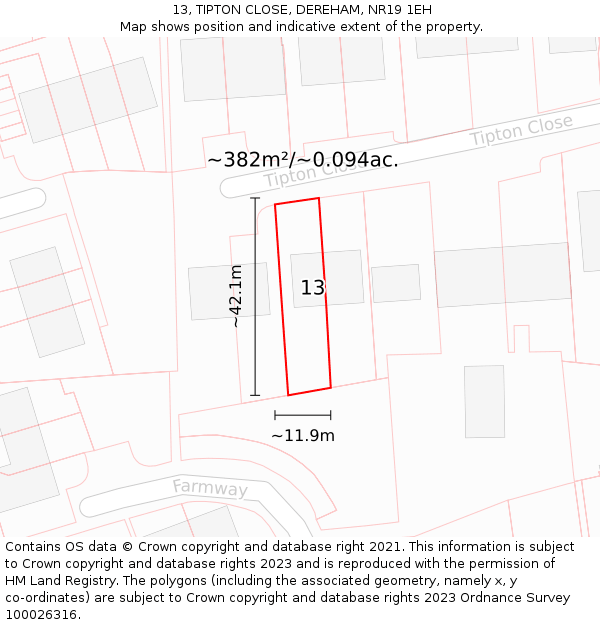 13, TIPTON CLOSE, DEREHAM, NR19 1EH: Plot and title map