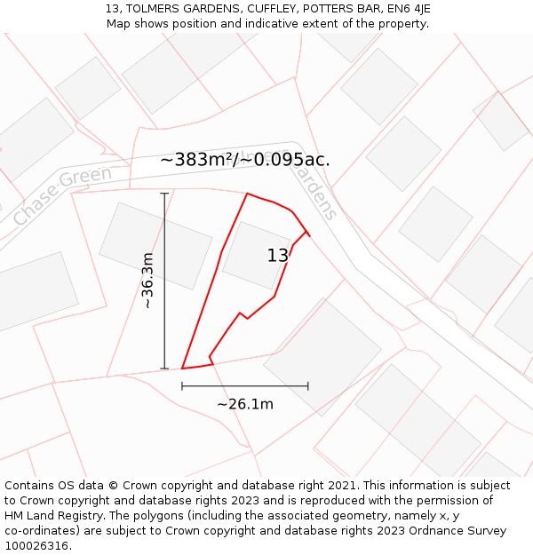13, TOLMERS GARDENS, CUFFLEY, POTTERS BAR, EN6 4JE: Plot and title map