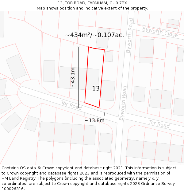 13, TOR ROAD, FARNHAM, GU9 7BX: Plot and title map