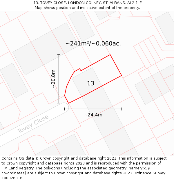 13, TOVEY CLOSE, LONDON COLNEY, ST. ALBANS, AL2 1LF: Plot and title map