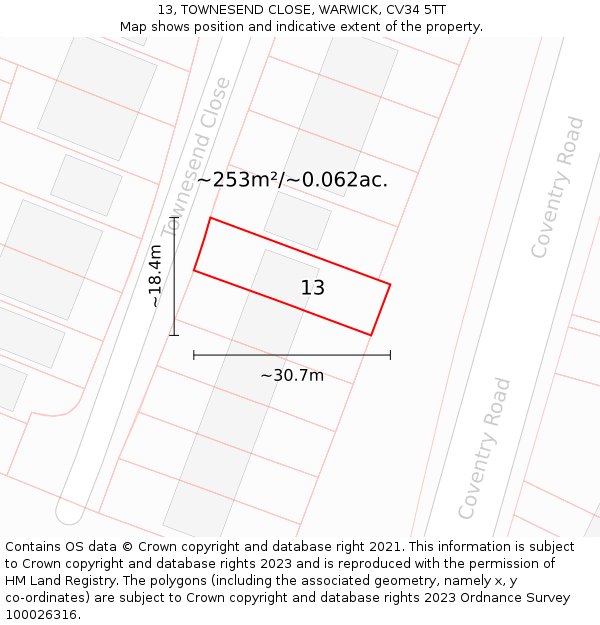 13, TOWNESEND CLOSE, WARWICK, CV34 5TT: Plot and title map