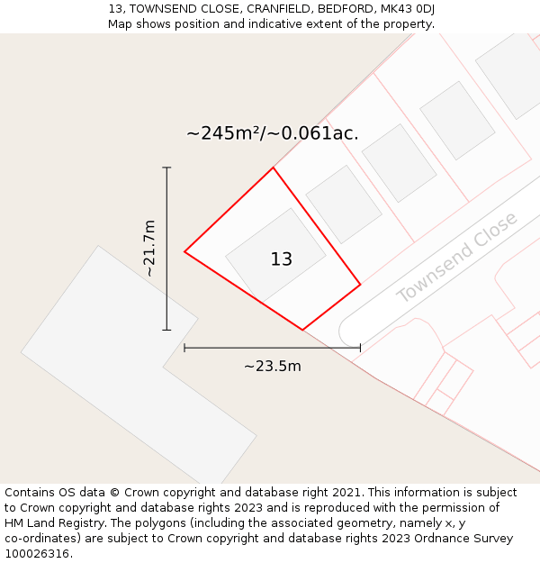 13, TOWNSEND CLOSE, CRANFIELD, BEDFORD, MK43 0DJ: Plot and title map