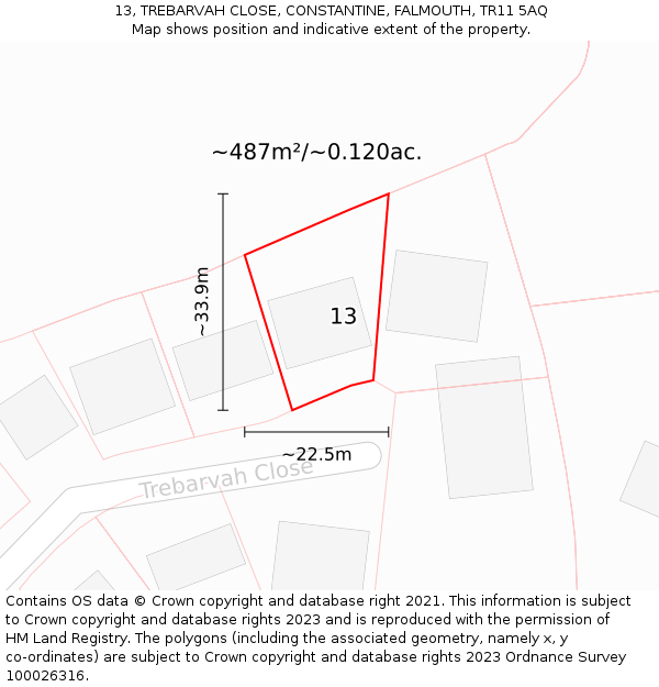13, TREBARVAH CLOSE, CONSTANTINE, FALMOUTH, TR11 5AQ: Plot and title map