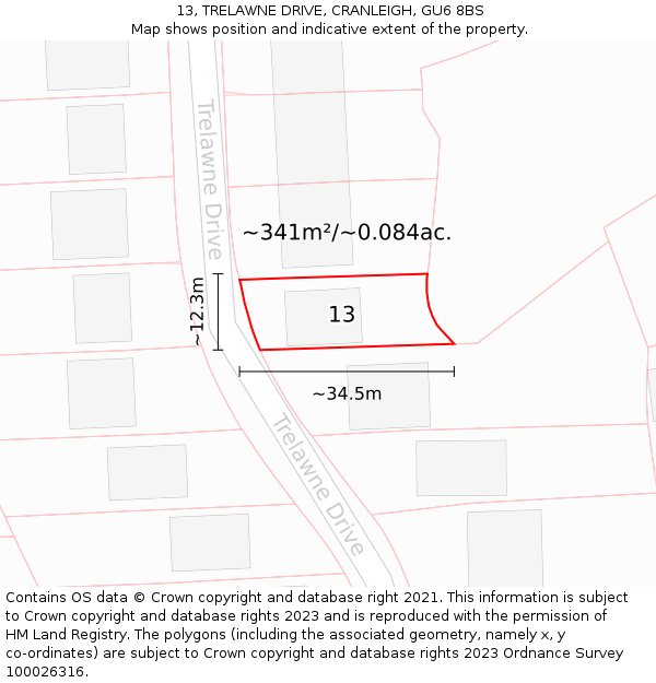 13, TRELAWNE DRIVE, CRANLEIGH, GU6 8BS: Plot and title map