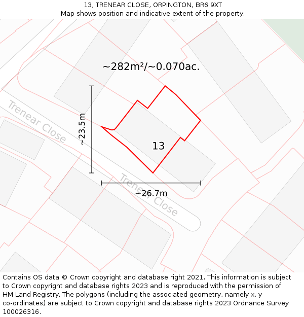 13, TRENEAR CLOSE, ORPINGTON, BR6 9XT: Plot and title map