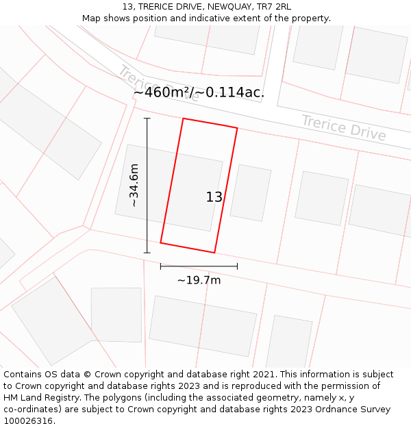 13, TRERICE DRIVE, NEWQUAY, TR7 2RL: Plot and title map