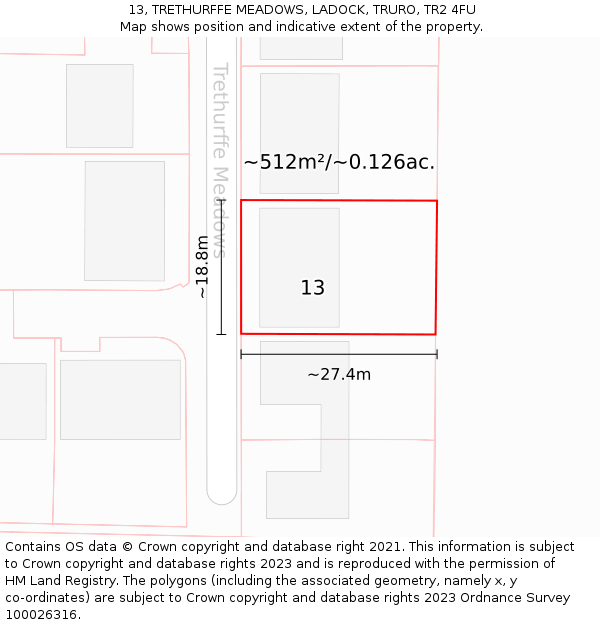 13, TRETHURFFE MEADOWS, LADOCK, TRURO, TR2 4FU: Plot and title map