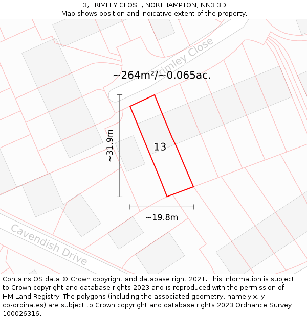 13, TRIMLEY CLOSE, NORTHAMPTON, NN3 3DL: Plot and title map