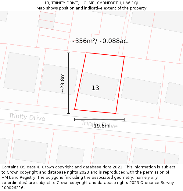 13, TRINITY DRIVE, HOLME, CARNFORTH, LA6 1QL: Plot and title map