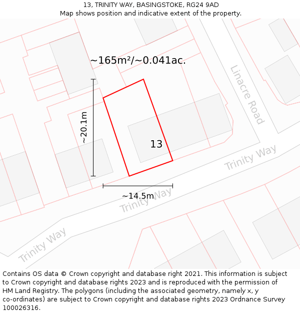 13, TRINITY WAY, BASINGSTOKE, RG24 9AD: Plot and title map