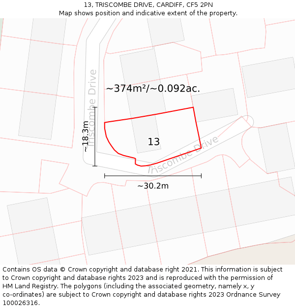 13, TRISCOMBE DRIVE, CARDIFF, CF5 2PN: Plot and title map