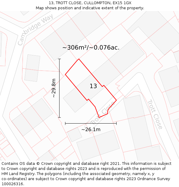 13, TROTT CLOSE, CULLOMPTON, EX15 1GX: Plot and title map