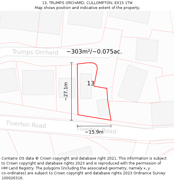 13, TRUMPS ORCHARD, CULLOMPTON, EX15 1TW: Plot and title map