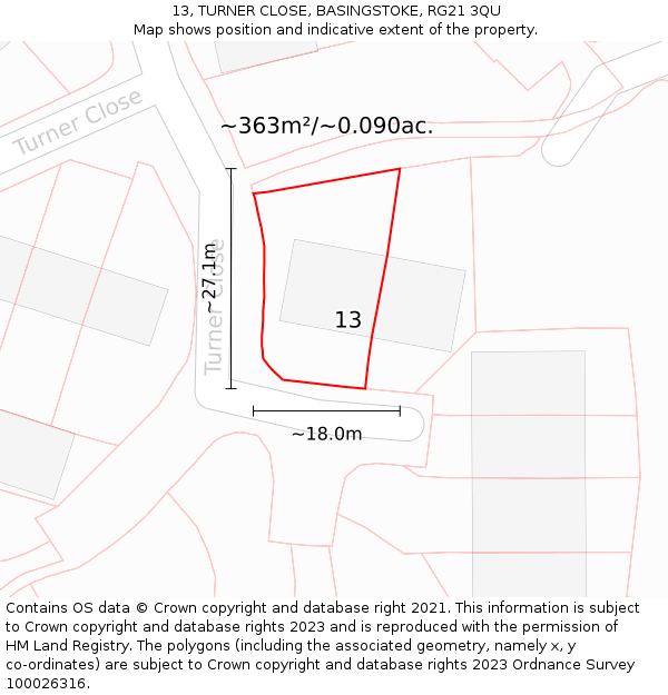 13, TURNER CLOSE, BASINGSTOKE, RG21 3QU: Plot and title map