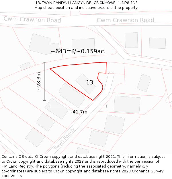 13, TWYN PANDY, LLANGYNIDR, CRICKHOWELL, NP8 1NF: Plot and title map