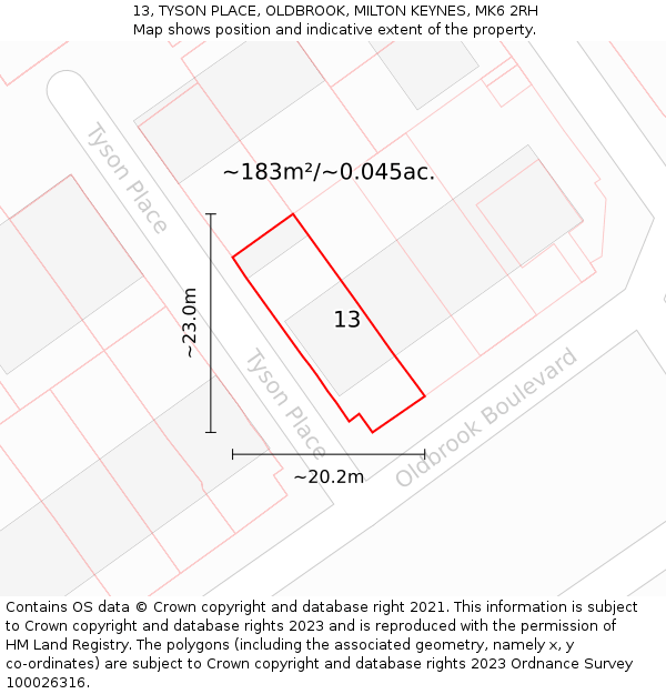 13, TYSON PLACE, OLDBROOK, MILTON KEYNES, MK6 2RH: Plot and title map