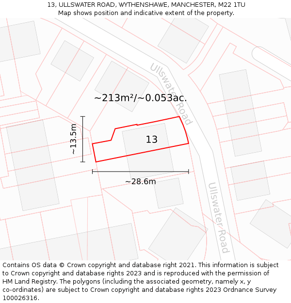 13, ULLSWATER ROAD, WYTHENSHAWE, MANCHESTER, M22 1TU: Plot and title map