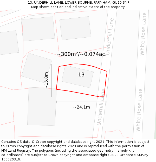 13, UNDERHILL LANE, LOWER BOURNE, FARNHAM, GU10 3NF: Plot and title map