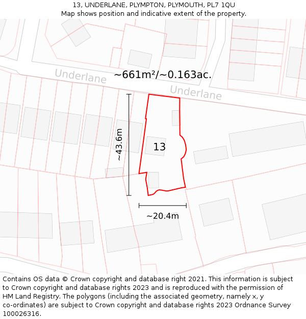 13, UNDERLANE, PLYMPTON, PLYMOUTH, PL7 1QU: Plot and title map