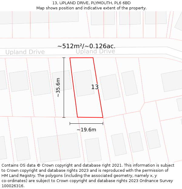 13, UPLAND DRIVE, PLYMOUTH, PL6 6BD: Plot and title map