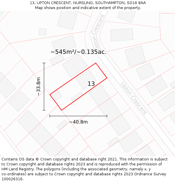13, UPTON CRESCENT, NURSLING, SOUTHAMPTON, SO16 8AA: Plot and title map