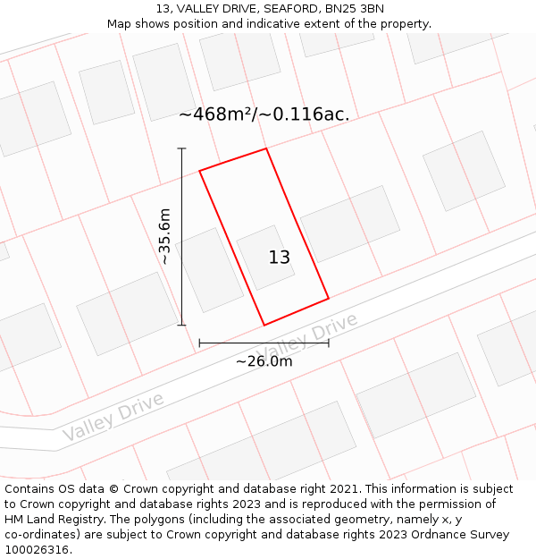 13, VALLEY DRIVE, SEAFORD, BN25 3BN: Plot and title map