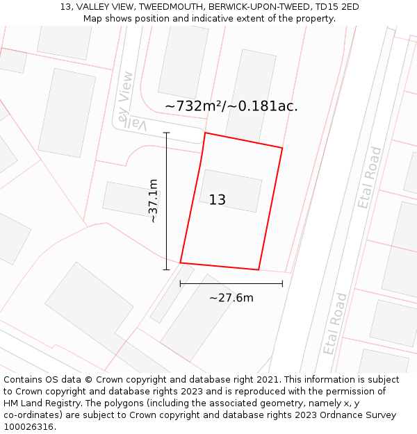 13, VALLEY VIEW, TWEEDMOUTH, BERWICK-UPON-TWEED, TD15 2ED: Plot and title map