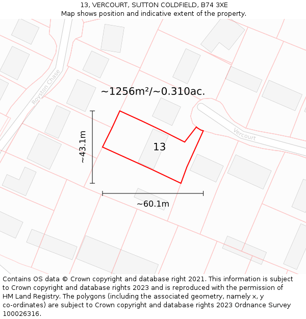 13, VERCOURT, SUTTON COLDFIELD, B74 3XE: Plot and title map