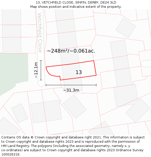13, VETCHFIELD CLOSE, SINFIN, DERBY, DE24 3LD: Plot and title map