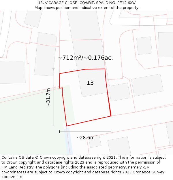 13, VICARAGE CLOSE, COWBIT, SPALDING, PE12 6XW: Plot and title map