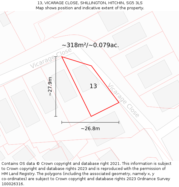 13, VICARAGE CLOSE, SHILLINGTON, HITCHIN, SG5 3LS: Plot and title map