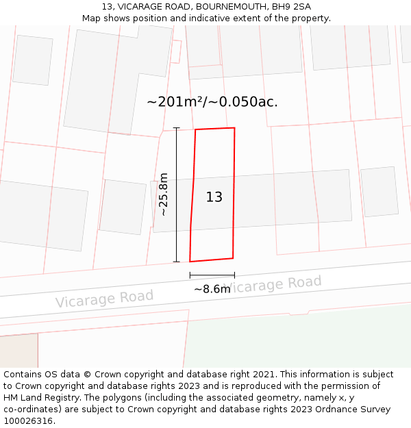 13, VICARAGE ROAD, BOURNEMOUTH, BH9 2SA: Plot and title map