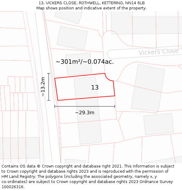 13, VICKERS CLOSE, ROTHWELL, KETTERING, NN14 6LB: Plot and title map