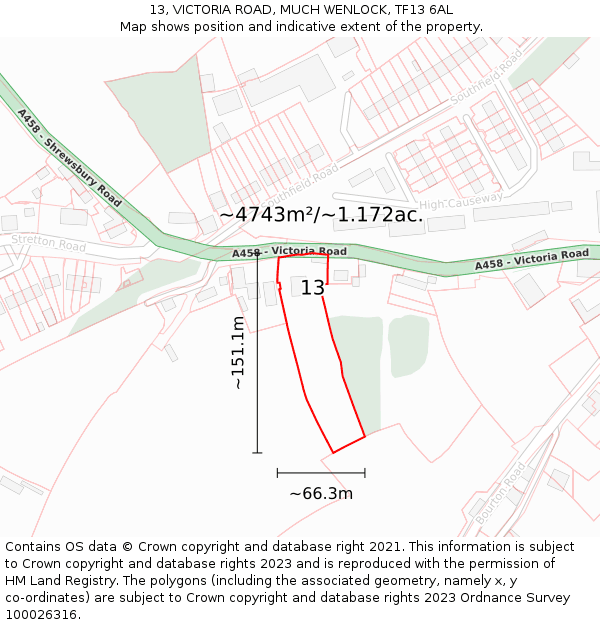 13, VICTORIA ROAD, MUCH WENLOCK, TF13 6AL: Plot and title map