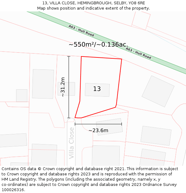 13, VILLA CLOSE, HEMINGBROUGH, SELBY, YO8 6RE: Plot and title map