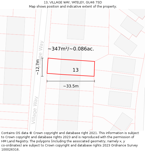 13, VILLAGE WAY, YATELEY, GU46 7SD: Plot and title map