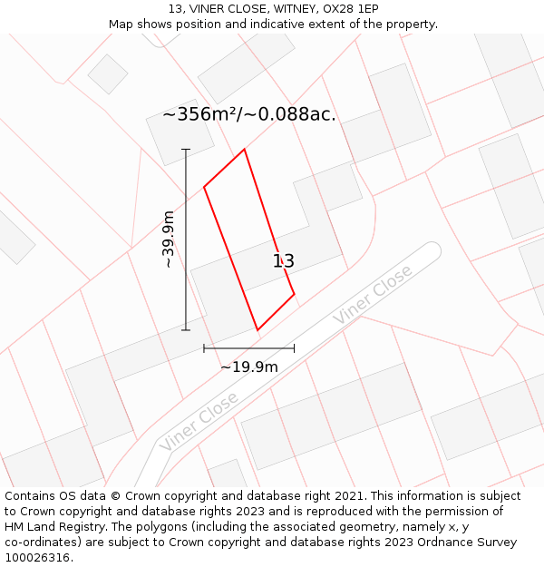 13, VINER CLOSE, WITNEY, OX28 1EP: Plot and title map
