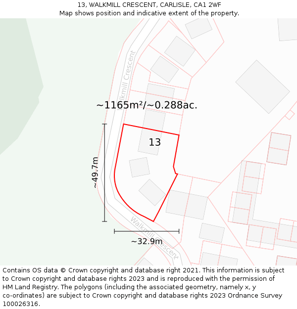 13, WALKMILL CRESCENT, CARLISLE, CA1 2WF: Plot and title map