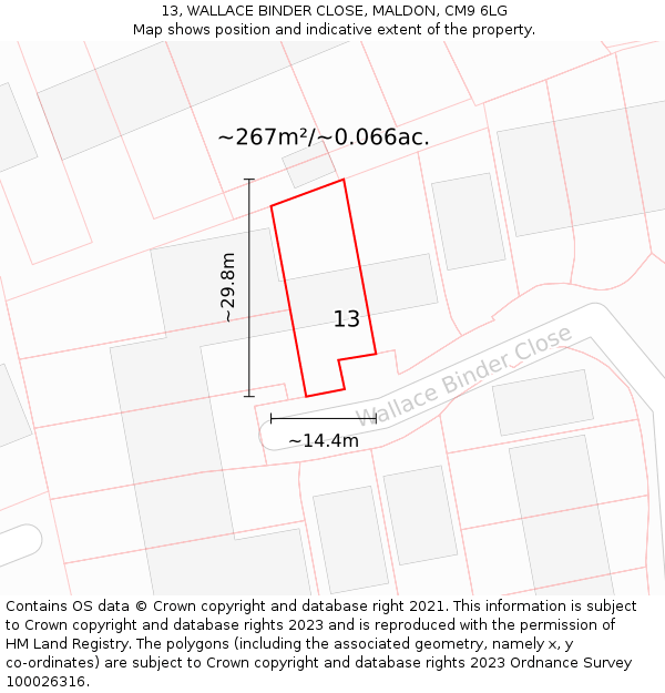 13, WALLACE BINDER CLOSE, MALDON, CM9 6LG: Plot and title map