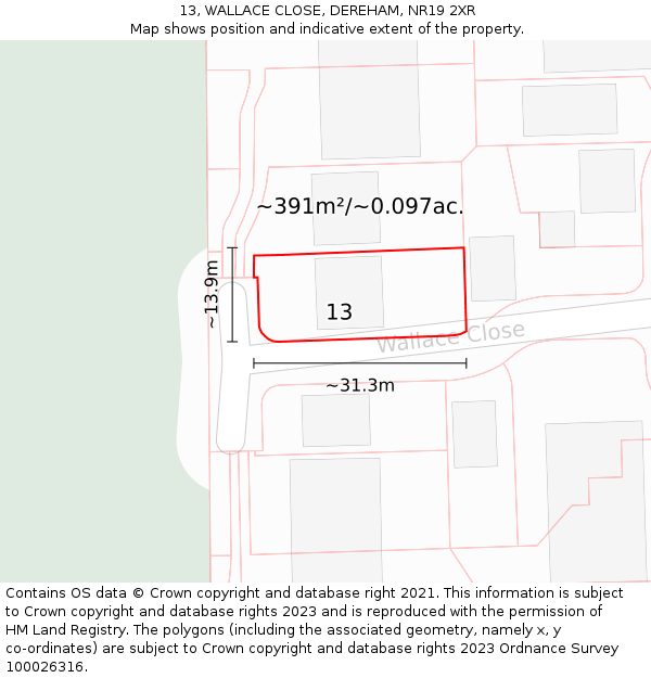 13, WALLACE CLOSE, DEREHAM, NR19 2XR: Plot and title map