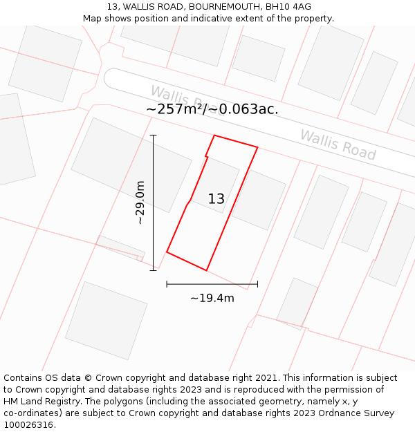 13, WALLIS ROAD, BOURNEMOUTH, BH10 4AG: Plot and title map