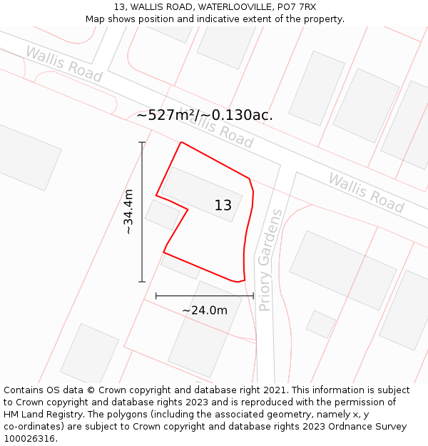13, WALLIS ROAD, WATERLOOVILLE, PO7 7RX: Plot and title map