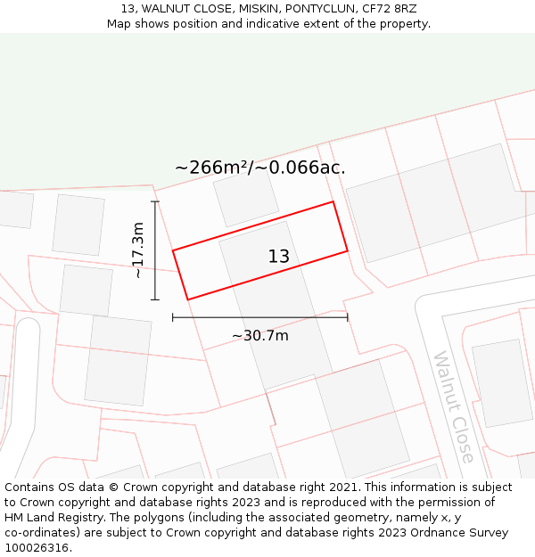 13, WALNUT CLOSE, MISKIN, PONTYCLUN, CF72 8RZ: Plot and title map