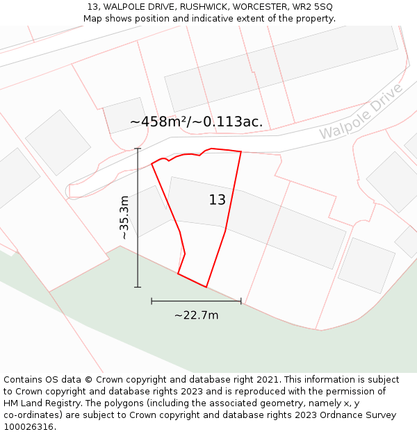 13, WALPOLE DRIVE, RUSHWICK, WORCESTER, WR2 5SQ: Plot and title map