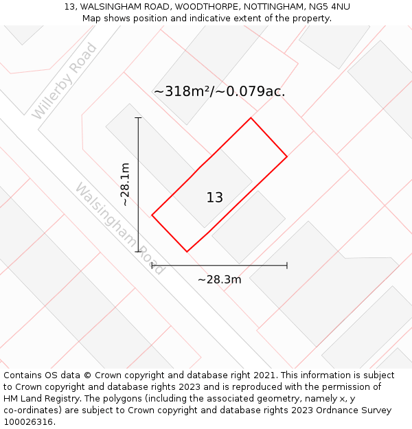 13, WALSINGHAM ROAD, WOODTHORPE, NOTTINGHAM, NG5 4NU: Plot and title map