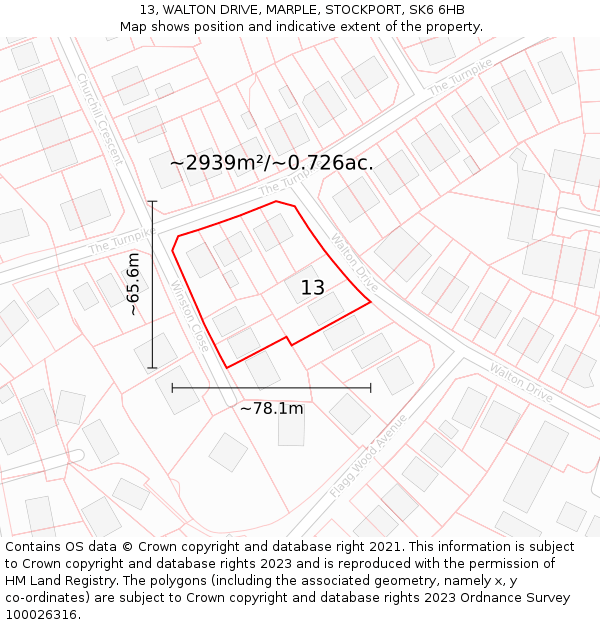 13, WALTON DRIVE, MARPLE, STOCKPORT, SK6 6HB: Plot and title map