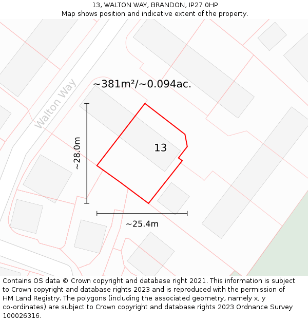 13, WALTON WAY, BRANDON, IP27 0HP: Plot and title map