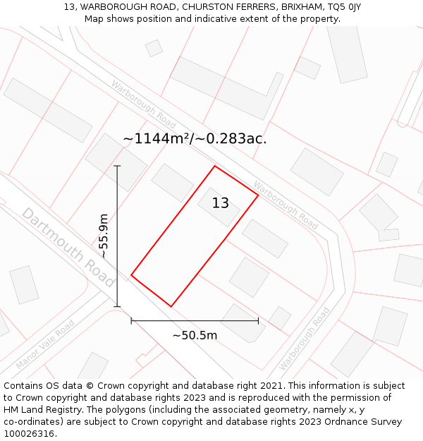 13, WARBOROUGH ROAD, CHURSTON FERRERS, BRIXHAM, TQ5 0JY: Plot and title map